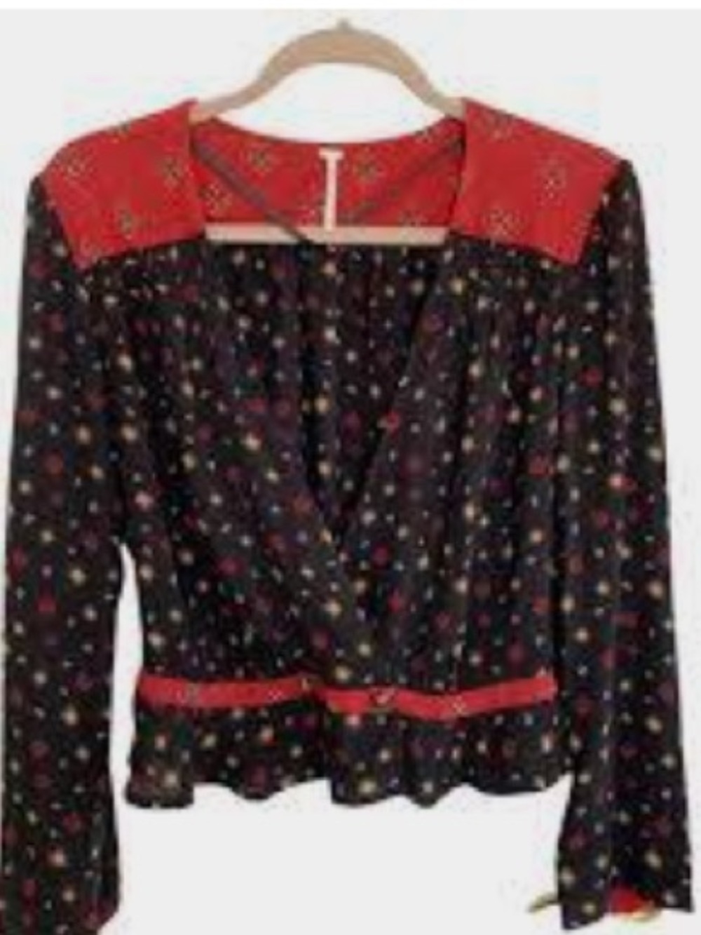 Free People Women's Black Floral Blouse with Red Accents
